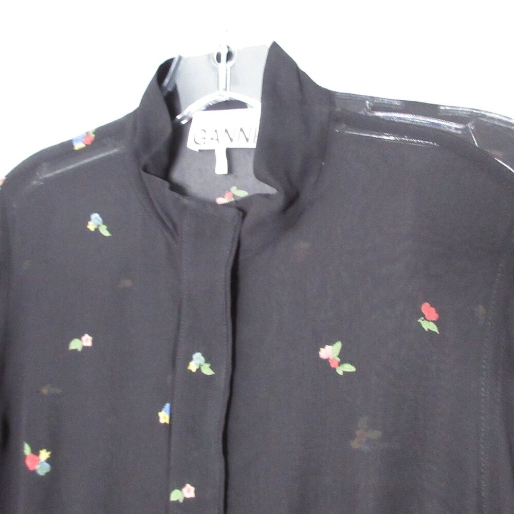 Ganni Top Sheer Black Floral Whimsigoth Embroidered Long Sleeve Relaxed‎ Fit